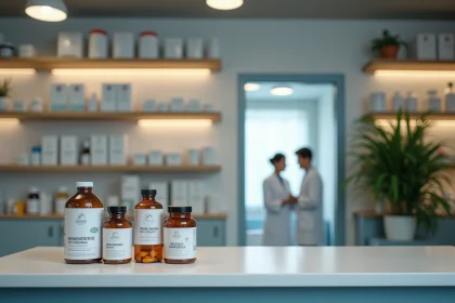 Pharmacien conseillant un client dans une officine moderne