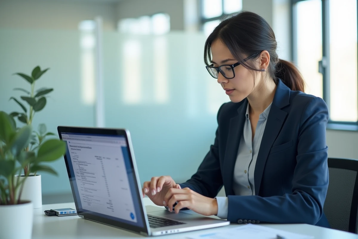 Administratrice de santé consultant un logiciel de gestion de dossiers médicaux sur ordinateur portable dans un bureau de structure de soins