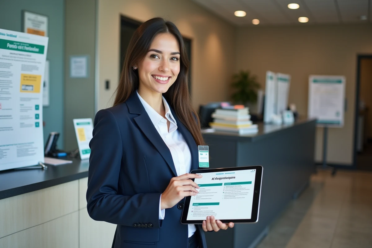 Jeune femme administratrice de santé tenant une tablette avec formulaire ADELI