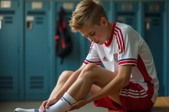Jeune adolescent tenant son talon douloureux sur un banc de vestiaire sportif, illustrant la maladie de Sever
