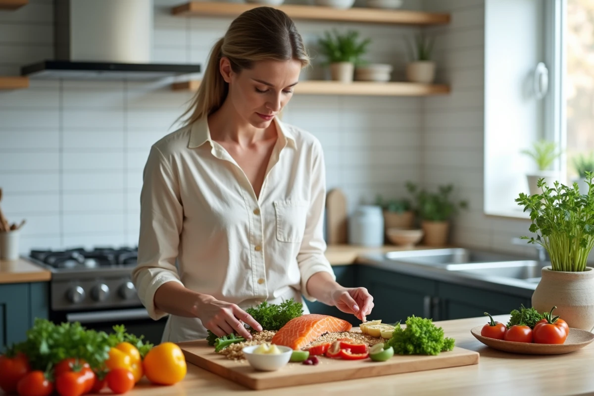 Femme préparant un repas anti-inflammatoire équilibré à base de saumon et légumes frais pour soulager la maladie de Sever