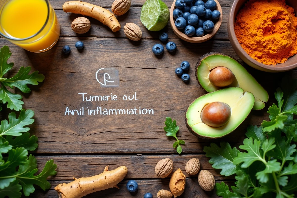 Sélection d'aliments anti-inflammatoires disposés sur une table en bois pour illustrer le rôle de la nutrition dans la maladie de Sever