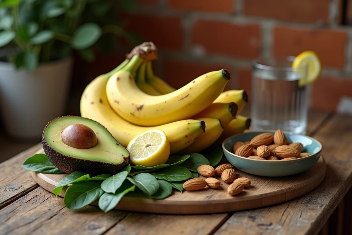 Aliments riches en magnésium et potassium pour prévenir les crampes musculaires nocturnes, incluant avocat, banane, amandes et épinards sur une table en bois