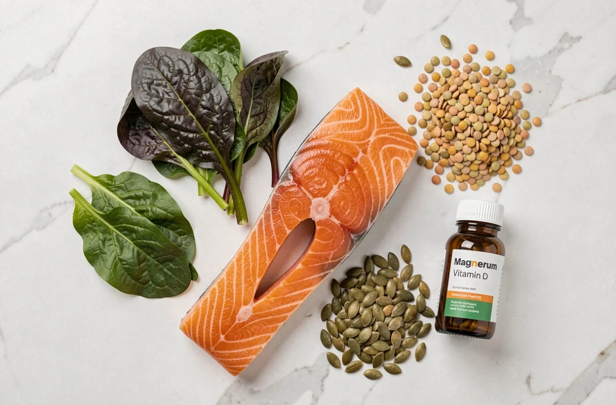 Aliments riches en magnésium, vitamine D et fer disposés sur marbre blanc pour illustrer les carences responsables des vibrations dans le corps
