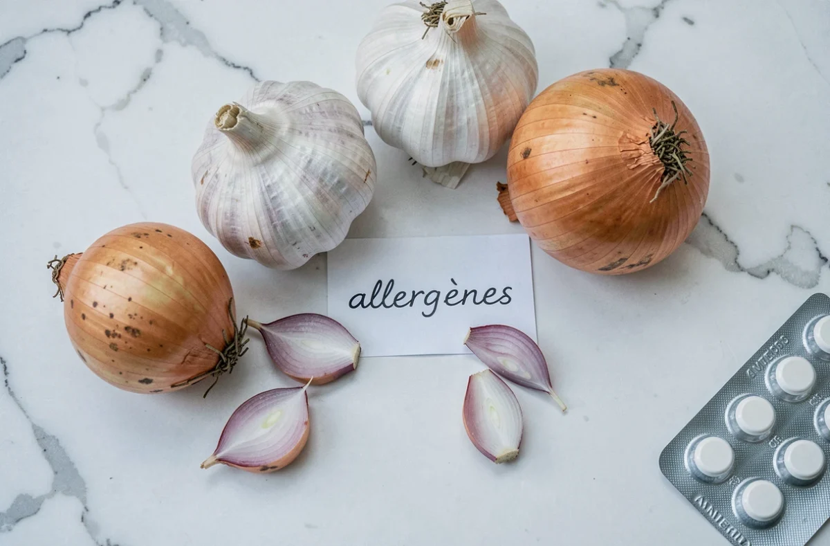 Vue de dessus d'oignons, d'ail et d'antihistaminiques sur marbre blanc, symbolisant l'allergie aux alliacés