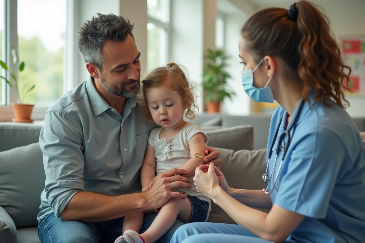 Père appliquant un pansement à sa fille dans une salle d