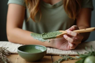 Jeune femme appliquant un emplâtre d'argile verte sur son avant-bras avec une spatule en bois sur une table en bois rustique