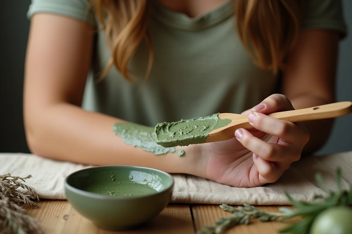 Jeune femme appliquant un emplâtre d'argile verte sur son avant-bras avec une spatule en bois sur une table en bois rustique