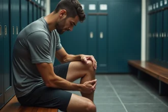 Athlète homme en salle de sport se massant la jambe