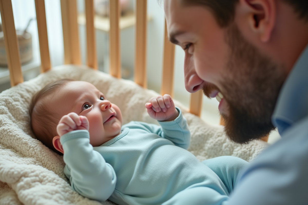 Bébé en body bleu dans un lit avec jouets et décor