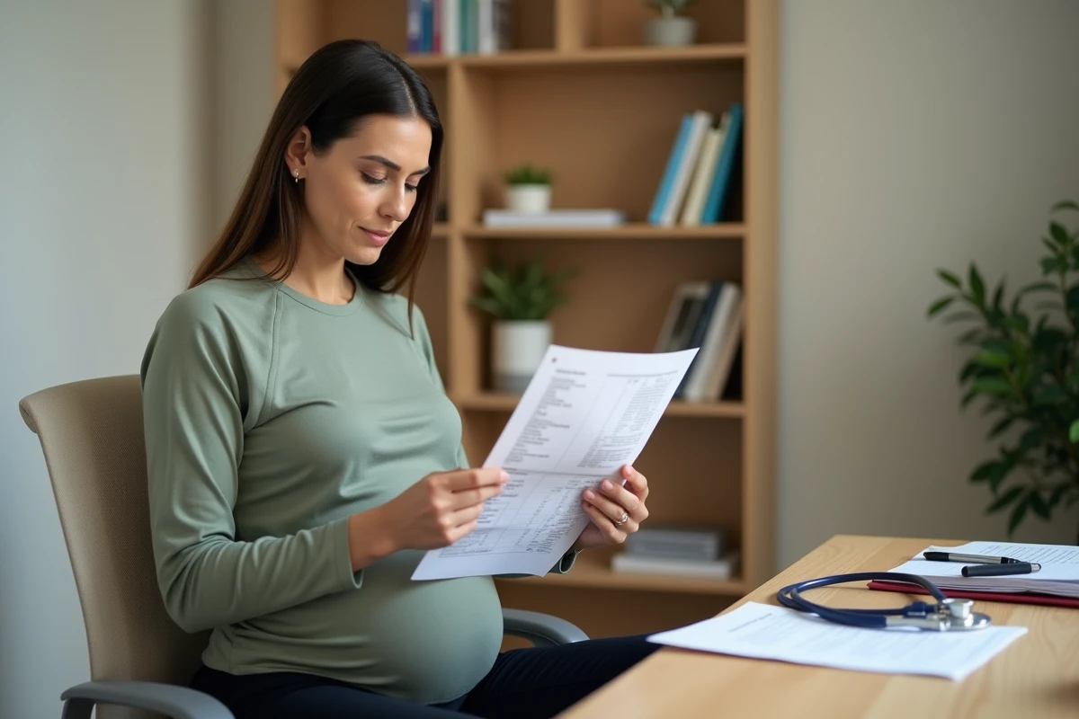 Femme enceinte consultant ses résultats de bilan sanguin dans un cabinet de gynécologie