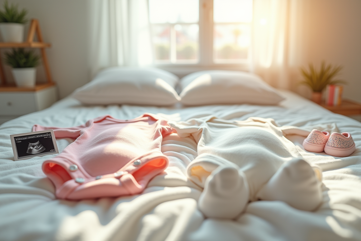 Deux bodies de bébé sur un lit en lumière naturelle