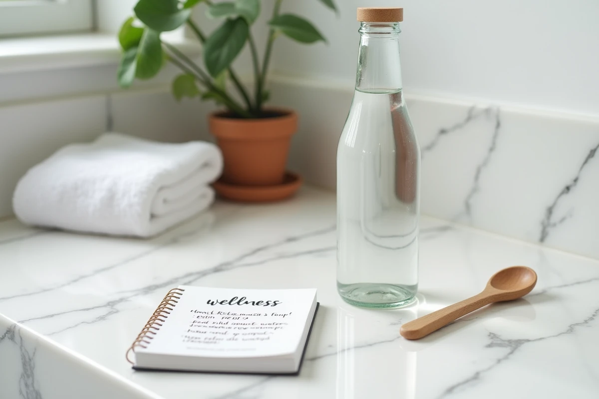 Bouteille d'eau minérale Saint Antonin posée sur un plan en marbre salle de bain avec carnet de bien-être, évoquant les limites du traitement de la constipation
