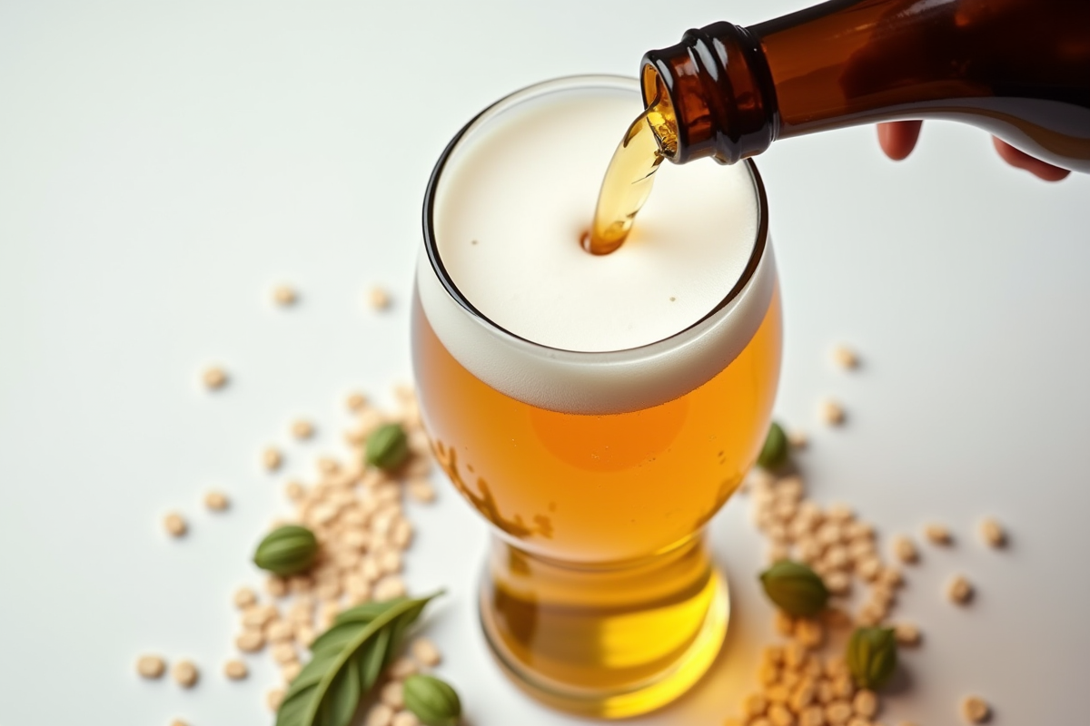 Bouteille de bière versée dans un verre avec houblons et grains