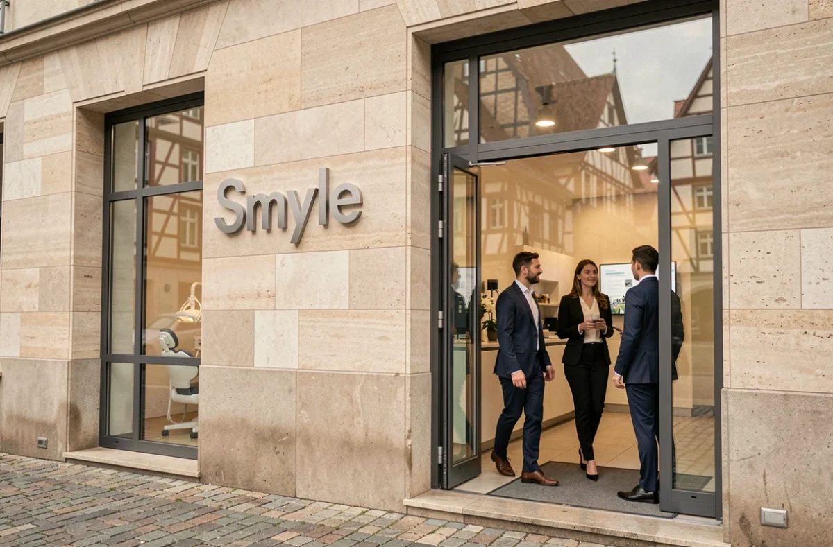 Façade moderne du Cabinet Smyle à Strasbourg avec entrée vitrée et enseigne typographique
