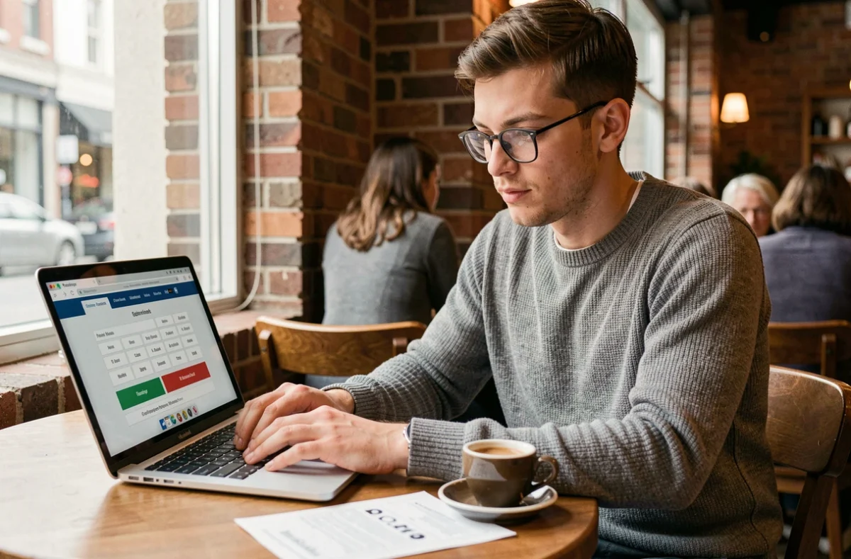 Jeune homme utilisant une calculette en ligne pour déterminer l'épaisseur de ses verres de lunettes dans un café