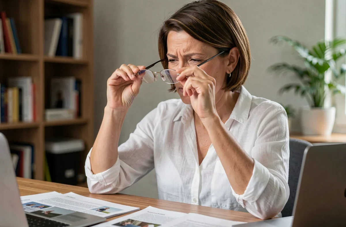 Femme examinant l'épaisseur de ses verres de lunettes correctrices à son bureau à domicile