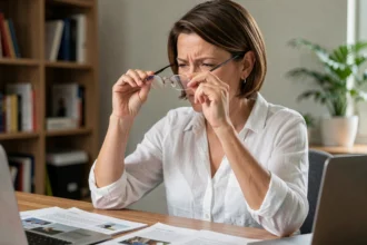 Femme examinant l'épaisseur de ses verres de lunettes correctrices à son bureau à domicile
