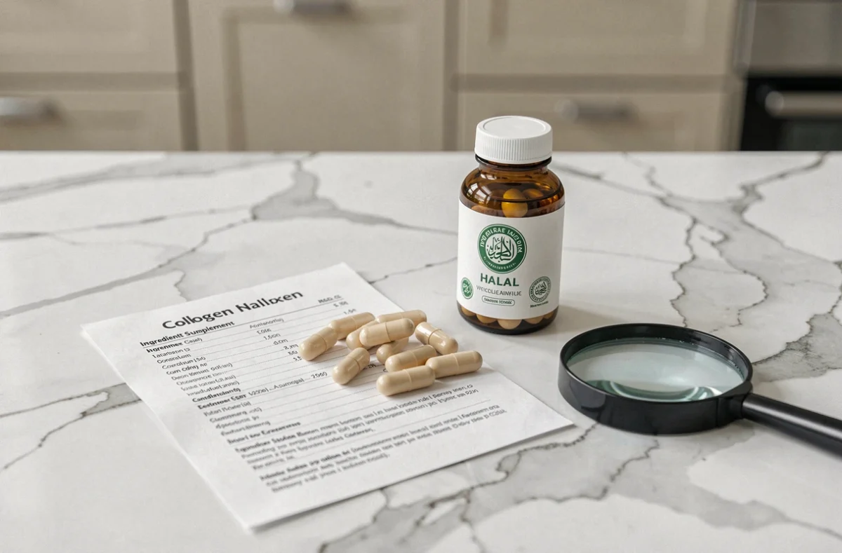 Capsules de collagène halal avec certificat et étiquette d'ingrédients sur un comptoir en marbre blanc