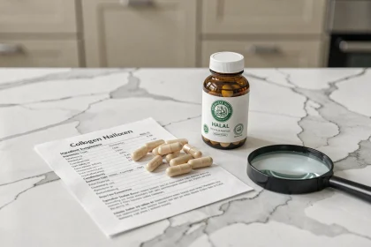 Capsules de collagène halal avec certificat et étiquette d'ingrédients sur un comptoir en marbre blanc
