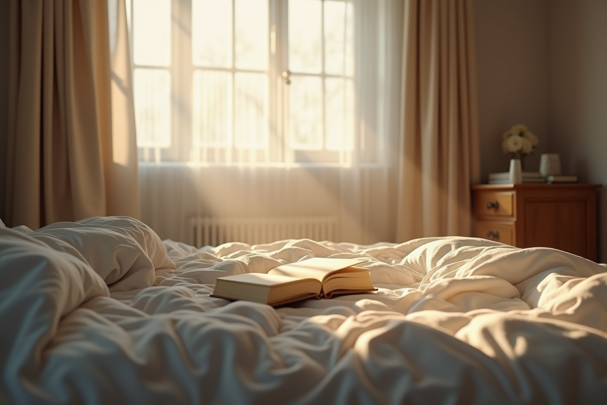 Chambre ensoleillee avec lit en désordre et lumière douce