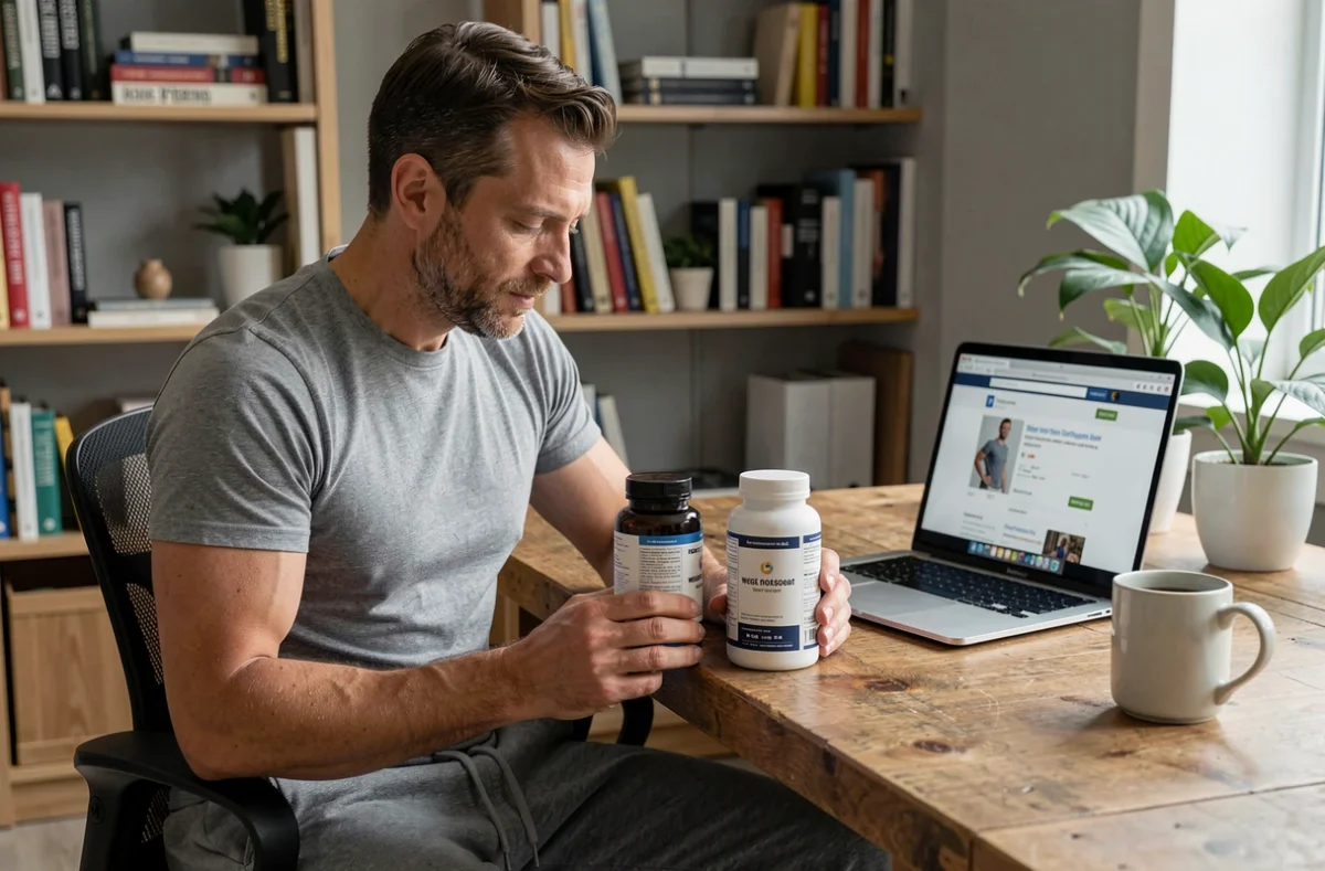 Homme comparant des produits minceur IT Works et marques concurrentes sur un bureau à domicile avec ordinateur portable