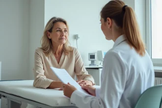 Femme de 40 ans en consultation gynécologique discutant d'un résultat de frottis avec sa médecin