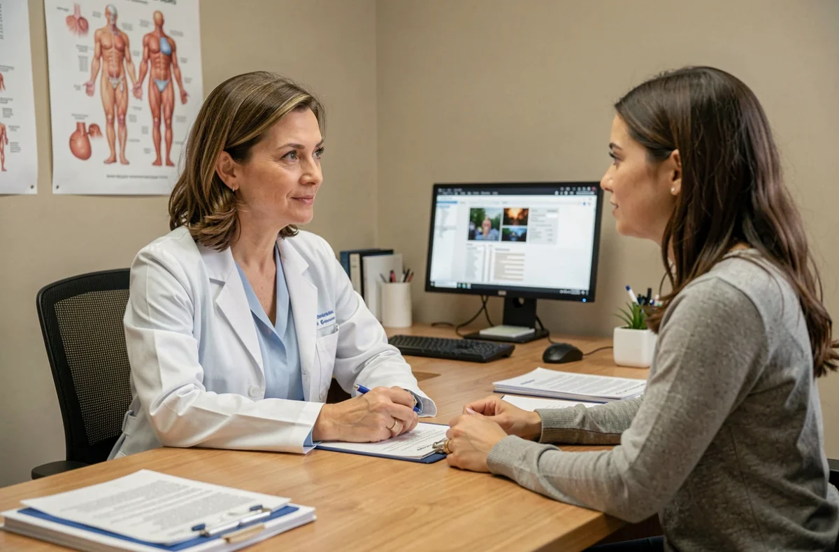 Gynécologue expliquant les causes des kystes ovariens à une patiente lors d'une consultation médicale