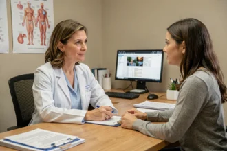 Gynécologue expliquant les causes des kystes ovariens à une patiente lors d'une consultation médicale