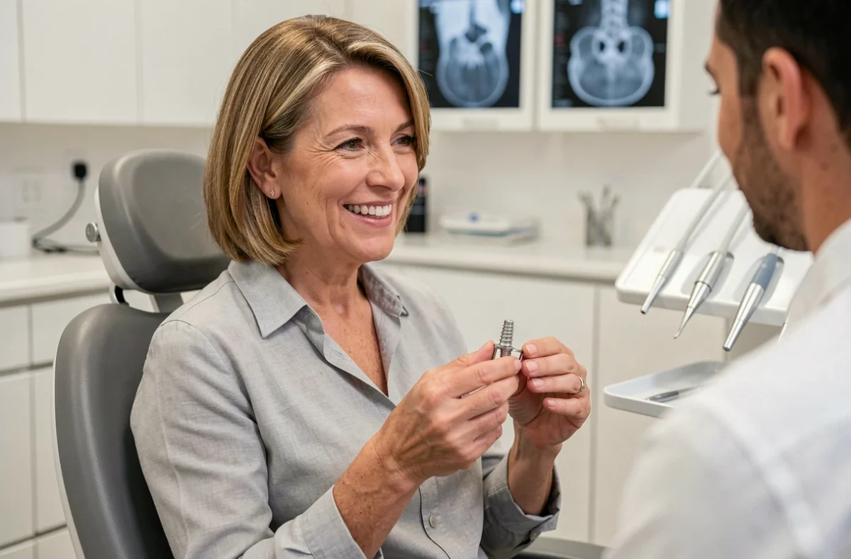Femme de 45 ans en consultation dentaire examinant un modèle d'implant dentaire en titane dans un cabinet moderne