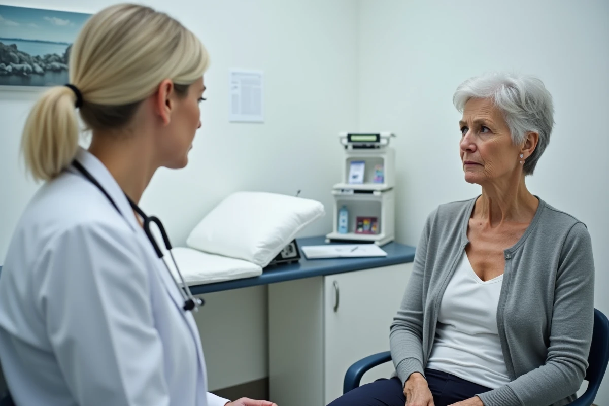 Femme d'âge mûr en consultation médicale avec une docteure pour discuter de symptômes intimes et signaux d'alerte à ne pas ignorer