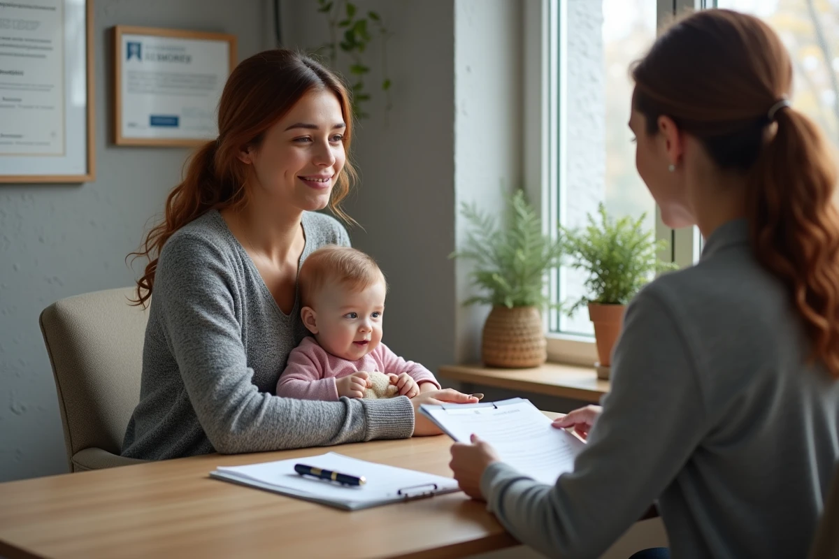 Mère et jeune enfant en consultation avec une ostéopathe dans un cabinet pédiatrique chaleureux
