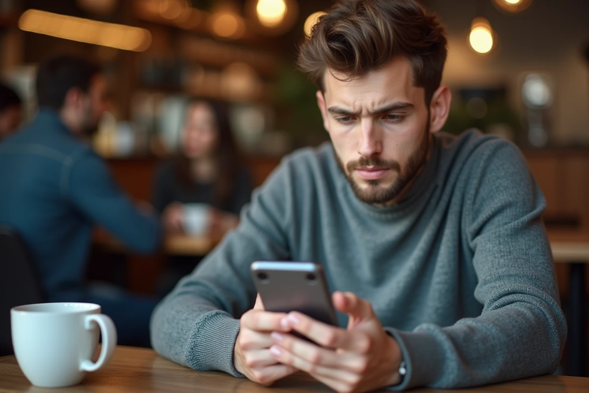 Jeune adulte consultant un flux de réseaux sociaux sur smartphone dans un café, illustrant la viralité des rumeurs et fake news en ligne