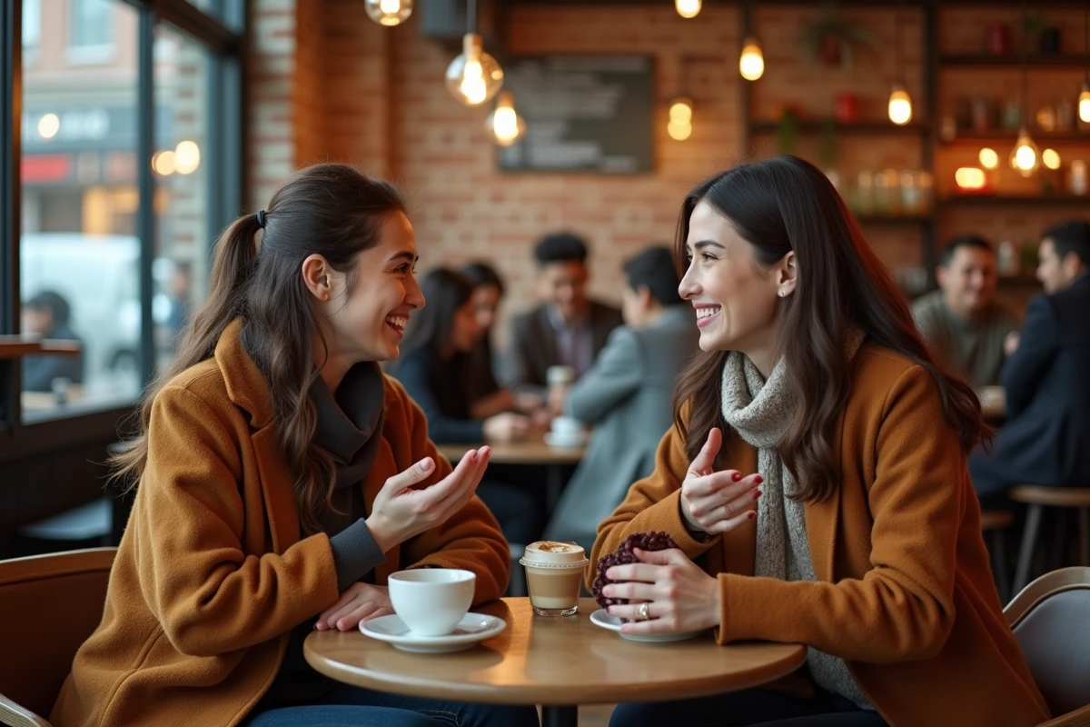 Deux femmes en conversation authentique dans un café, évoquant le partage d'outils de développement personnel