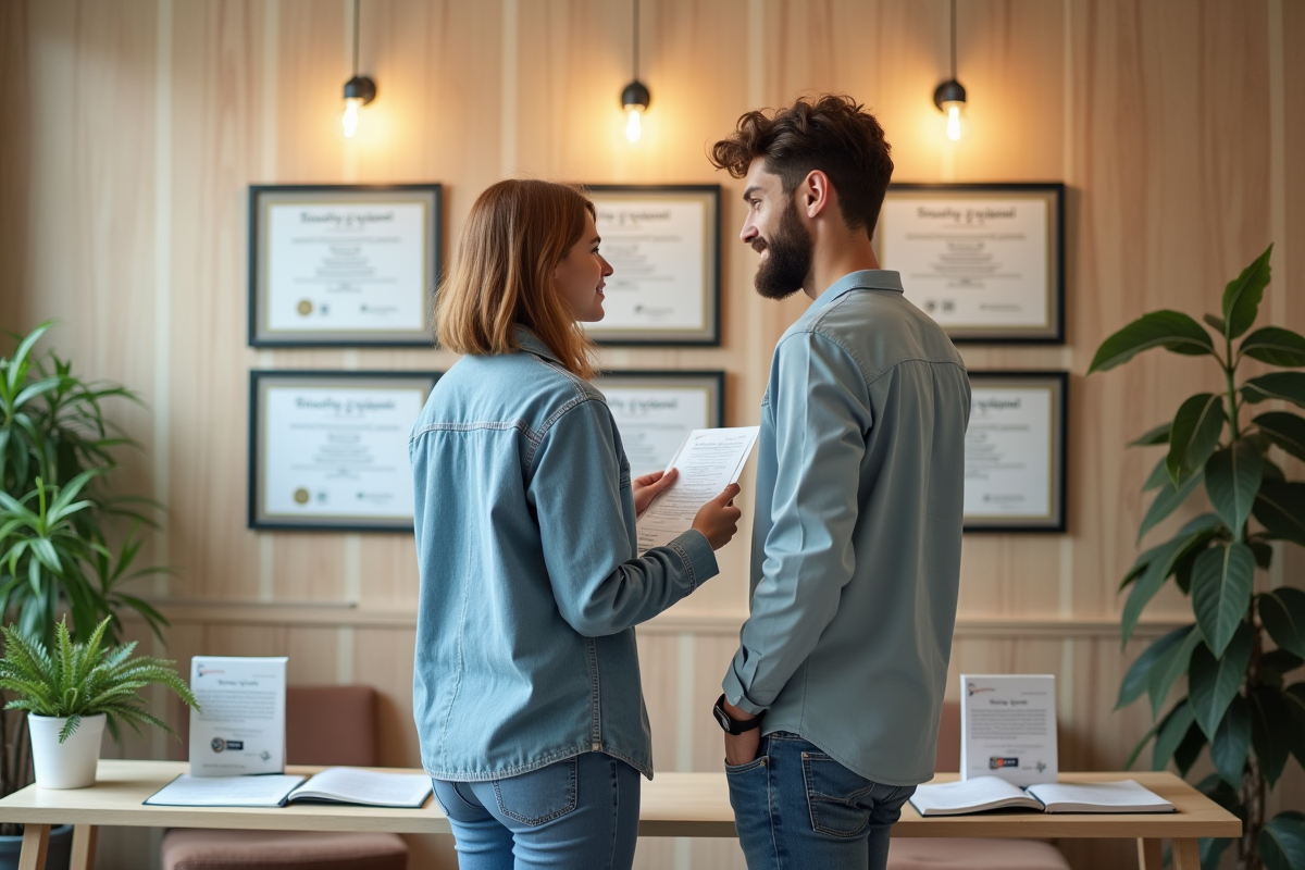 Jeune couple regardant diplômes dans salle d