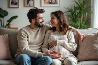 Femme enceinte avec son partenaire dans un salon chaleureux