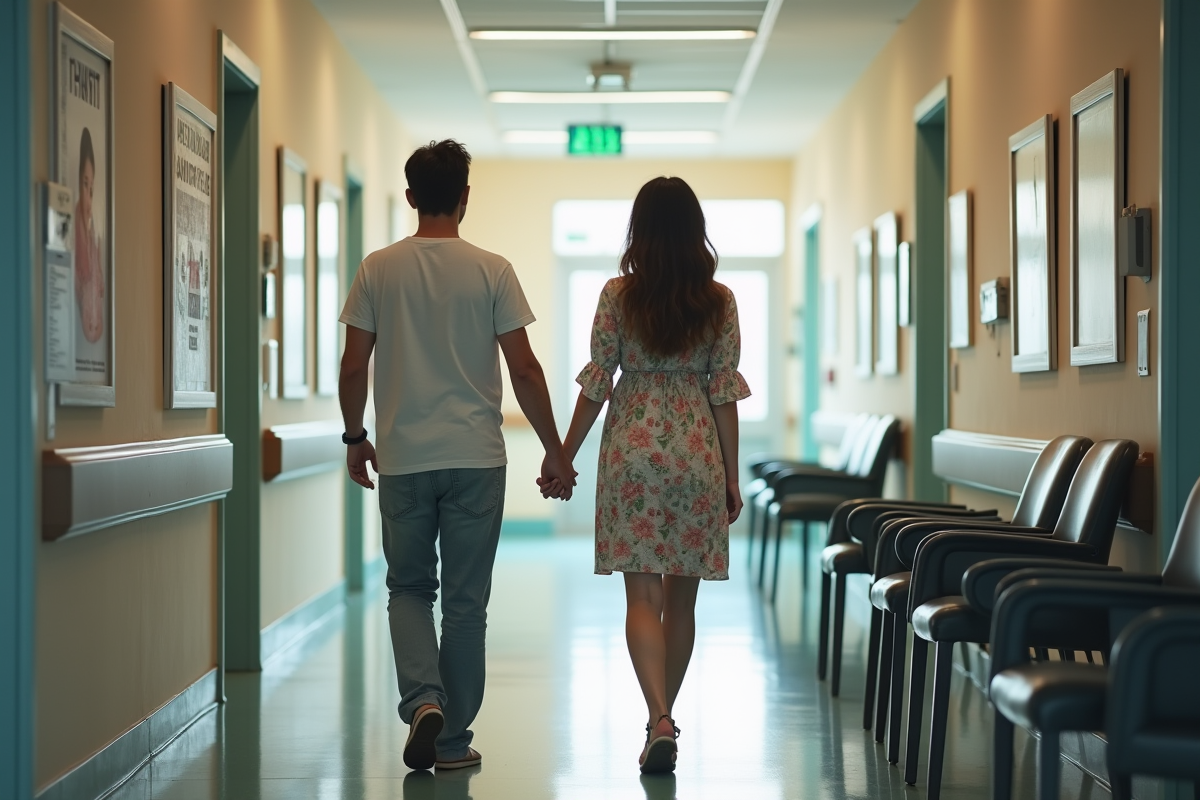 Couple enceinte marchant dans un couloir d
