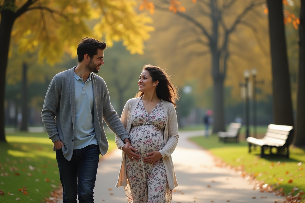 Couple marchant dans un parc avec femme enceinte en robe fleurie