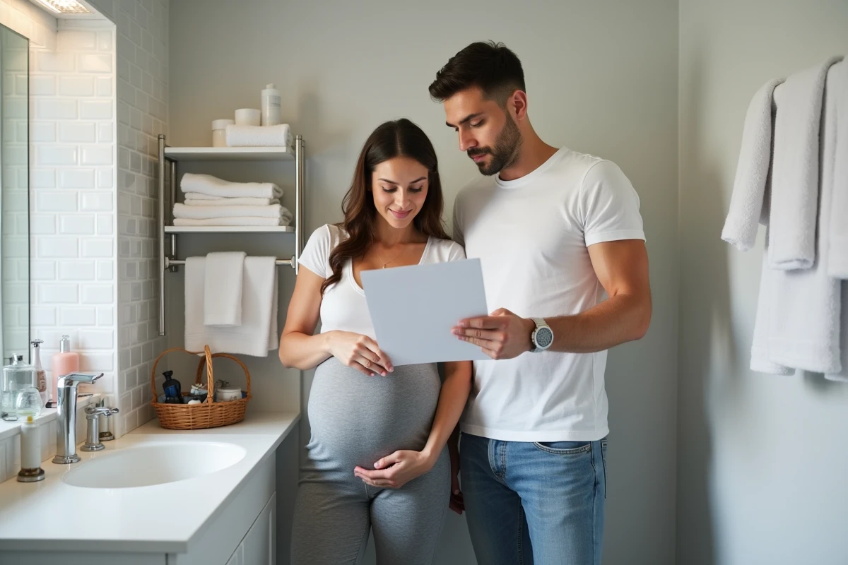 Couple attendant un bébé consultant une check-list d'urgence pour rupture de la poche des eaux dans la salle de bain