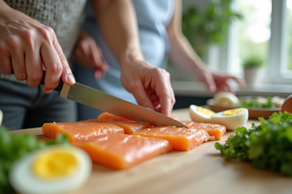 Couple senior préparant un repas sain à la cuisine