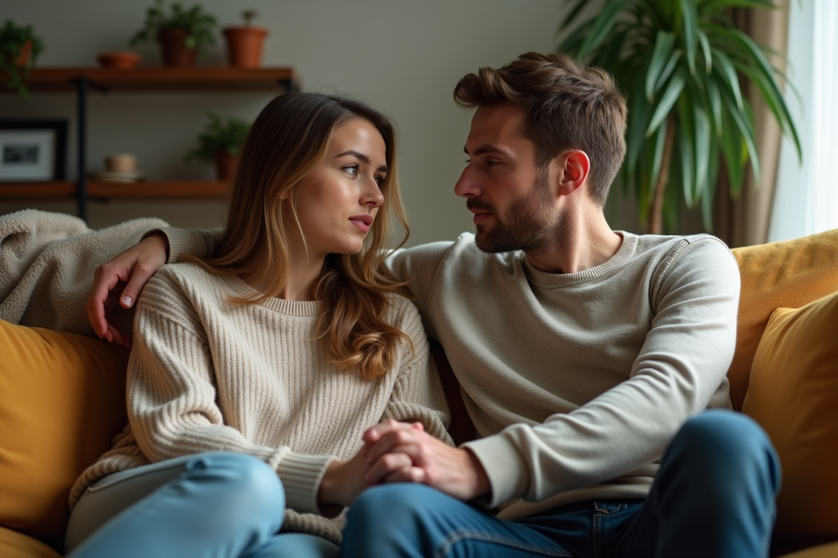 Couple se tenant la main sur un canapé dans un salon chaleureux