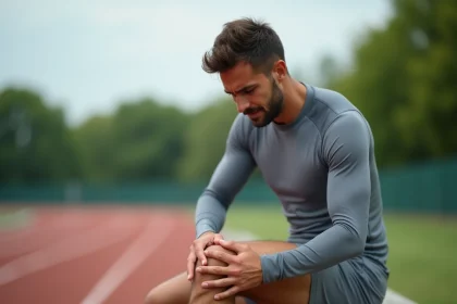 Coureur à pied assis sur un banc tenant son genou douloureux au niveau de la patte d'oie après l'effort