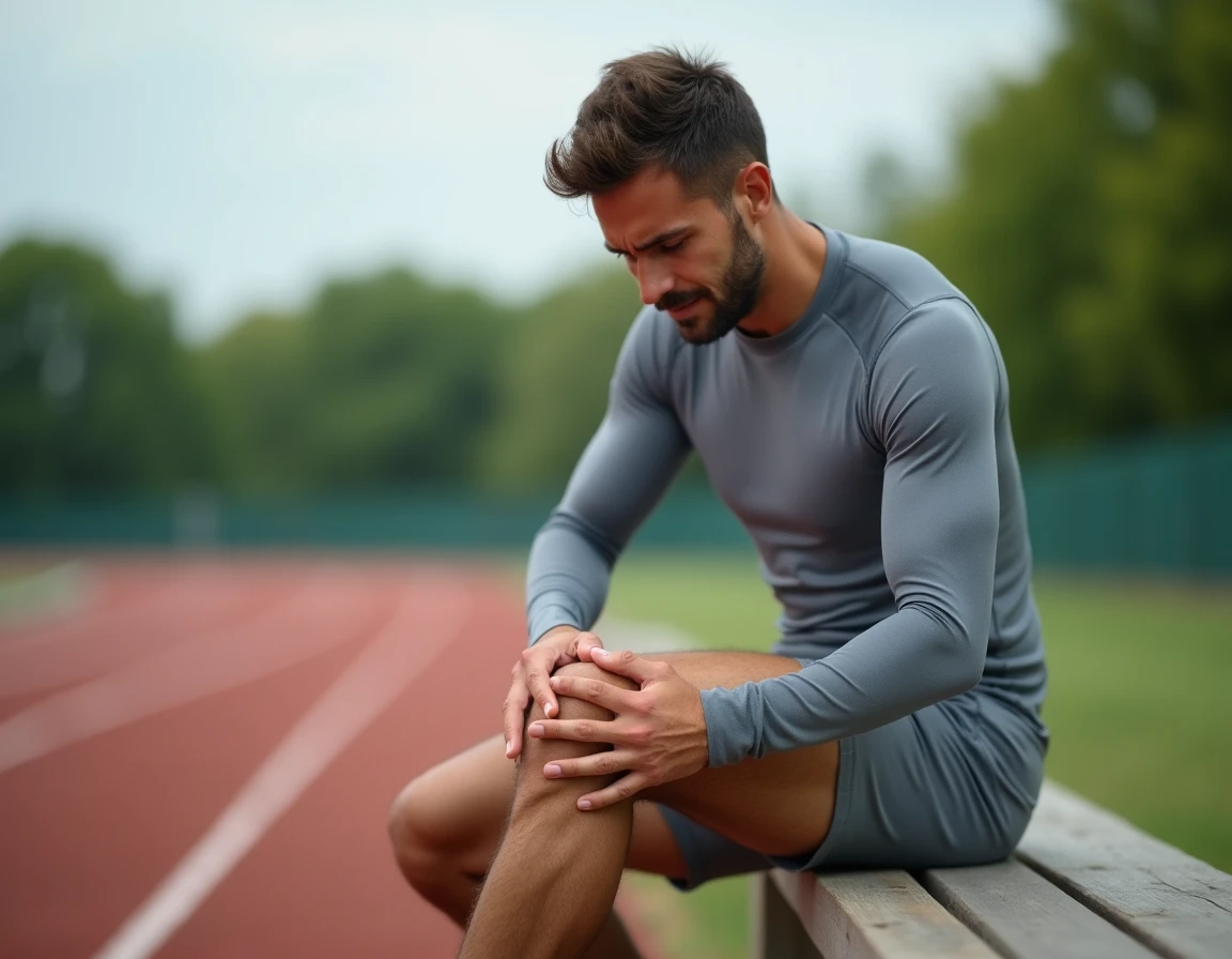 Coureur à pied assis sur un banc tenant son genou douloureux au niveau de la patte d'oie après l'effort