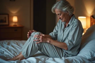 Femme d'âge mûr souffrant de crampes aux jambes la nuit, assise au bord de son lit en pyjama gris, tenant son mollet avec les deux mains