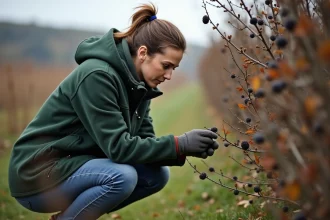Femme cueillant des baies de sloe dans la campagne française