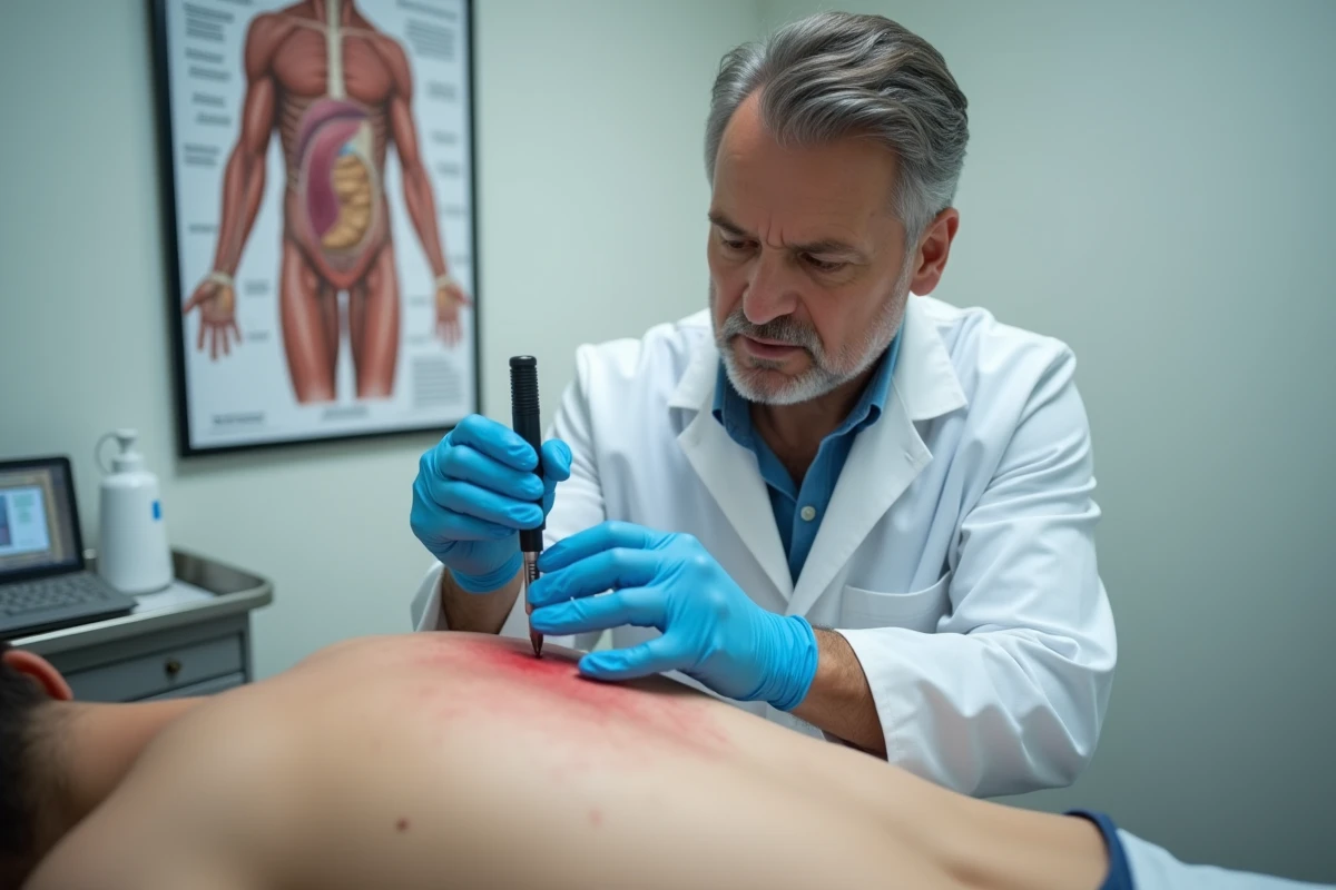 Dermatologue examinant la peau d'un patient avec un dermatoscope pour diagnostiquer les causes d'un prurit persistant lié au cancer
