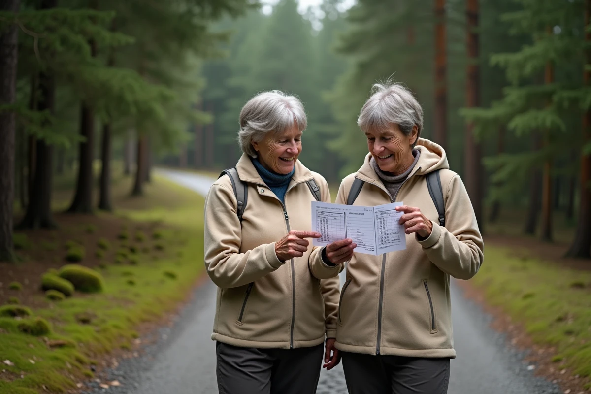 Deux femmes en randonnée dans une forêt consultant ensemble un guide pratique avec un tableau d'estimation de pas en kilomètres