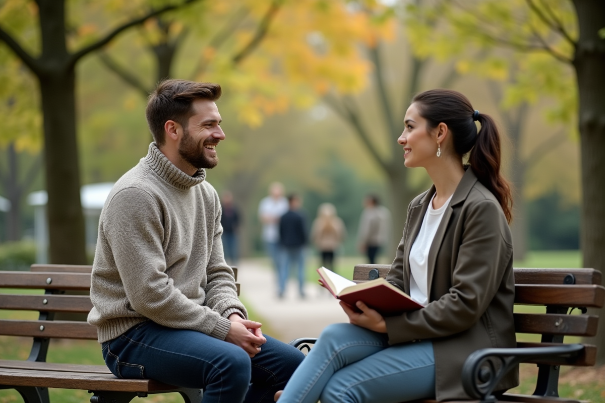 Jeune homme calme parlant avec une thérapeute dans un parc paisible
