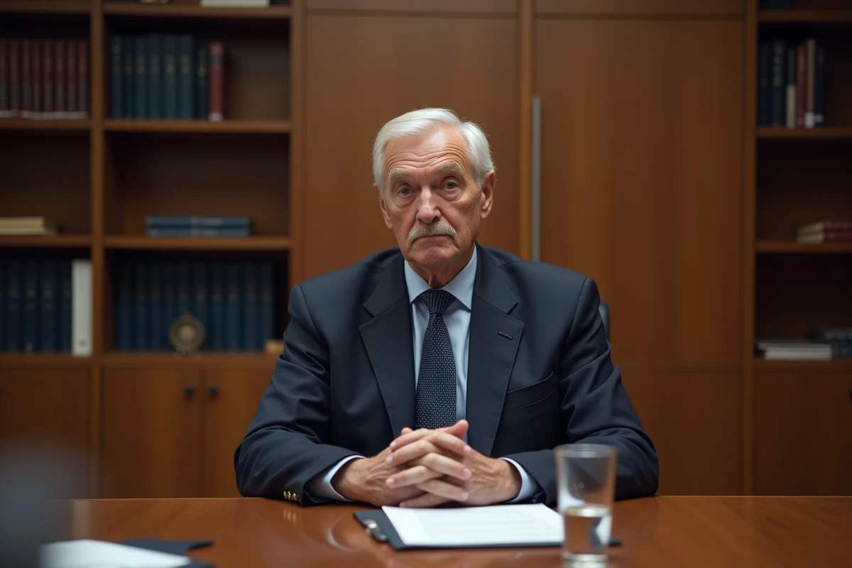 Portrait d'un diplomate senior en costume sombre assis à une table de conférence institutionnelle, illustrant une personnalité politique française