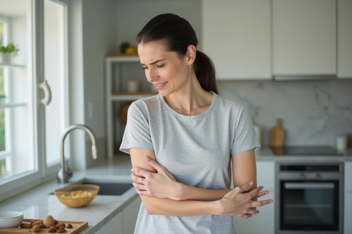 Femme tenant son aisselle gauche avec une expression de douleur dans une cuisine moderne